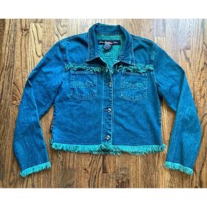 Vintage Johnny Blaze Denim Jacket Womens Large Teal Y2K Trucker Frayed Western